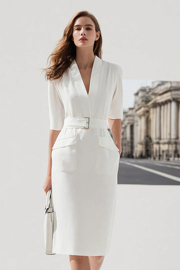 Ivory V-Neck Pencil Work Dress With Belt